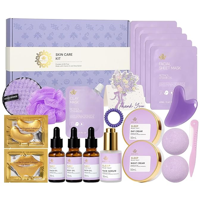 23 Pcs Valentines Day Gifts for Women, Lavender Facial Skin Care Set, Luxury Bath and Body Gifts, Spa & Self-Care Kit, Peptide Sheet Mask, Present, Birthday, Christmas, Mother Day, Bridal Shower
