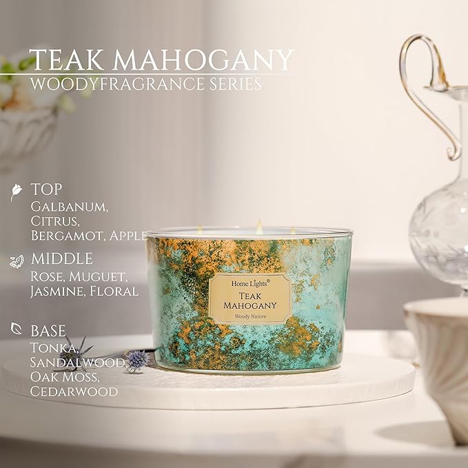 HomeLights Large jar Candle | 4-Wick Long-Lasting Scented Candles, 18oz Natural Soy Wax Candle for Home Scented, Industrial Chic Gifts for Women & Men, Teak Mahogany - Bloomnest