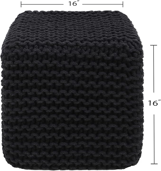 REDEARTH Cube Pouf Foot Stool Ottoman - Hand Knitted Poof - Cord Boho Pouffe - Home Décor - Stuffed Footrest for Living Room - Bedroom - Covered Patio (16" x 16" x 16") - Black - Bloomnest