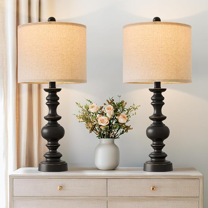 BOBOMOMO 24" Traditional Farmhouse Table Lamp Set of 2, Vintage Resin Lamps for Living Room Bedroom, Rustic Nightstand Lamp with Linen Shades, Retro Black Table Lamps for Living Room, Bedroom, Office - Bloomnest