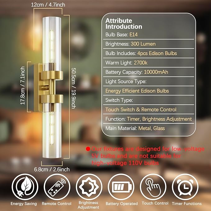 Rechargeable Wall Sconces Set of Two with Remote, Gold Battery Operated Wall Sconce with Clear Glass, Sconces Wall Decor Set of 2 Wall Light Fixtures for Bedroom Bathroom Mirror Living Room - Bloomnest