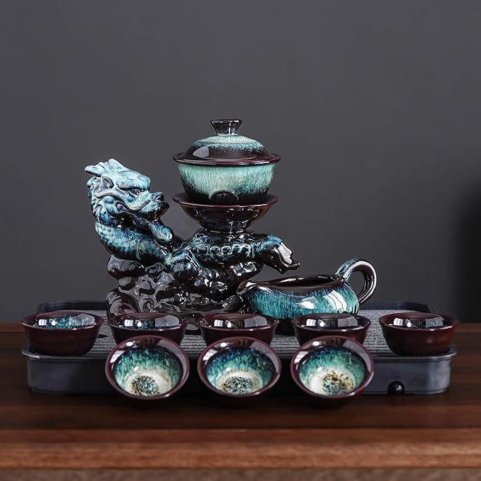 Ceramic Teapot with Infuser Semi Automatic Tea Set Magic Teapot with 8 cups Gradient Color (Gradient Dragon- B) - Bloomnest