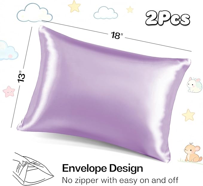 MR&HM Satin Pillowcase for Hair and Skin, Silk Satin Pillowcase 2 Pack, Toddler Size Pillow Cases Set of 2, Silky Pillow Cover with Envelope Closure (13x18, Lilac) - Bloomnest