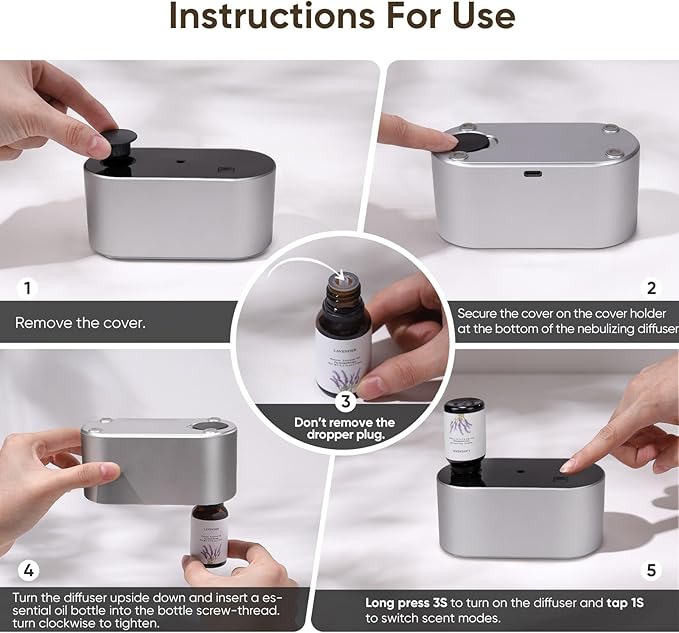 Waterless Diffuser for Essential Oil, Battery Operated Scent Air Aromatherapy Diffuser, Mini Aroma Diffusers with 3 Intermittent Mist Modes, Cycle Start for Home Office Bedroom - Silver - Bloomnest