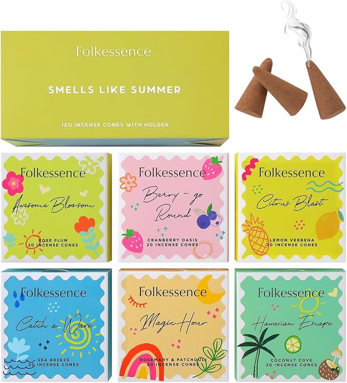 Folkulture Incense Cones (120 Cones) | Set of 6 Smell Like Summer Insence Cones for Gifts, Aromatherapy | No Charcoal, Organic, Non Toxic Coconut, Citrus, Sea Breeze Summer Scents Inscents-Cones FOLKULTURE