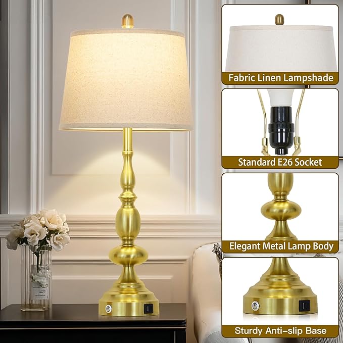 29" Modern Gold Table Lamps Set of 2, Industrial Touch Control 3-Way Dimmable Bedside Lamp with USB C+A Ports, Metal Farmhouse Nightstand Lamps for Living Room Bedroom End Tables(2 LED Bulbs Included) - Bloomnest