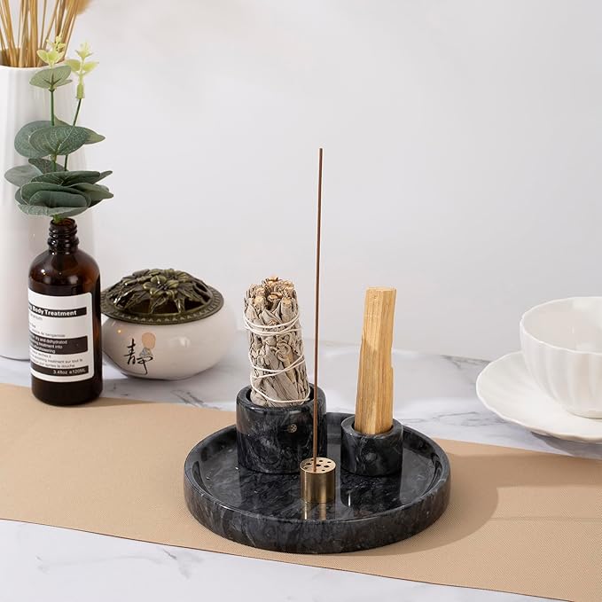 4 in 1 Marble Incense Holder, Natural Marble Incense Burner for Meditation, 9 Incense Holes Suitable for Most Incense Types (Black) - Bloomnest