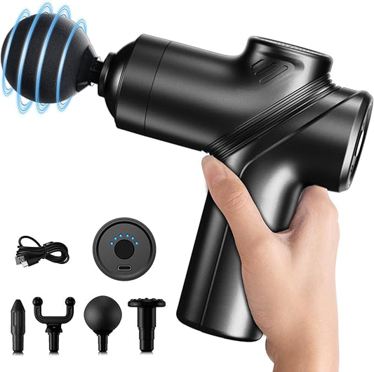 Deep Tissue Massage Gun Portable, Mini Electric Muscle Massager, Suitable for Relieving Back, Neck and Body Pain, with 4 Heads and 6 Speeds, Black - Bloomnest
