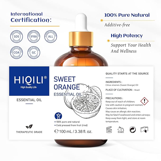 HIQILI 100ML Orange Essential Oil for Air Freshener, DIY Soap, Skin Care, Can be Added to Diffusers, Dryer Balls, Lotions for Use - 3.38 Fl Oz - Bloomnest