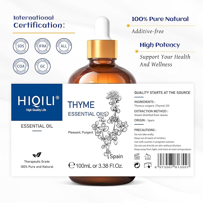 HIQILI 3.38 Fl Oz Thyme Essential Oil, 100% Pure Undiluted for Hair, Skin, Diffuser, Aromatherapy, Includes 10ML Travel Bottle - 100ML - Bloomnest