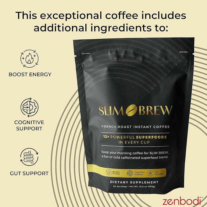 zenbodi Slim Brew French Roast Instant Coffee - 10.5 oz Superfood Coffee, Dietary Supplement, 12 Superfoods Including Maca Root, Panax Ginseng Extract, Turmeric Root, Kale Leaf, and More, 30 Servings - Bloomnest