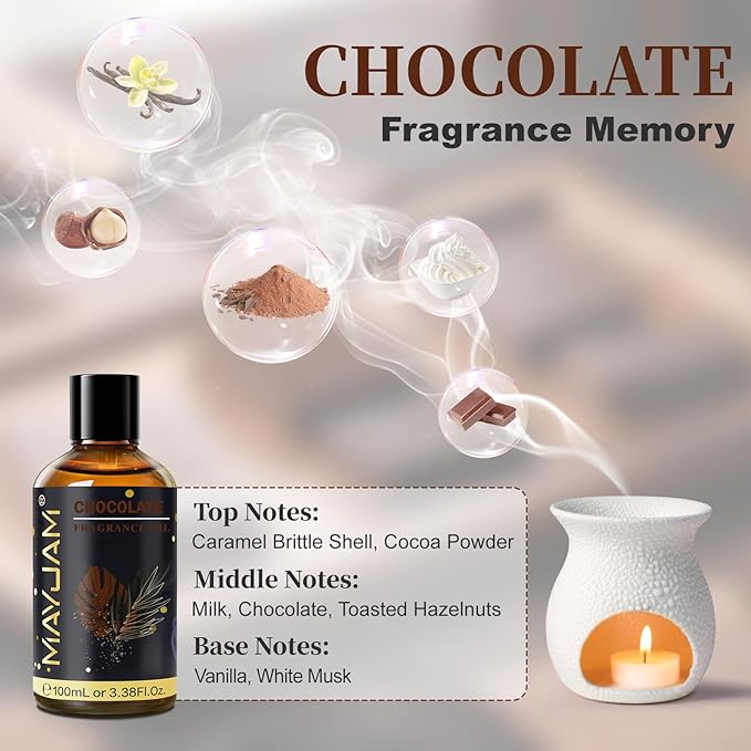 Chocolate Fragrance Oil Essential Oil, MAYJAM 3.38FL.OZ Chocolate Oil for Diffusers for Home, Long Lasting Scented Oils for Soap Candle Making - 100ML MAYJAM