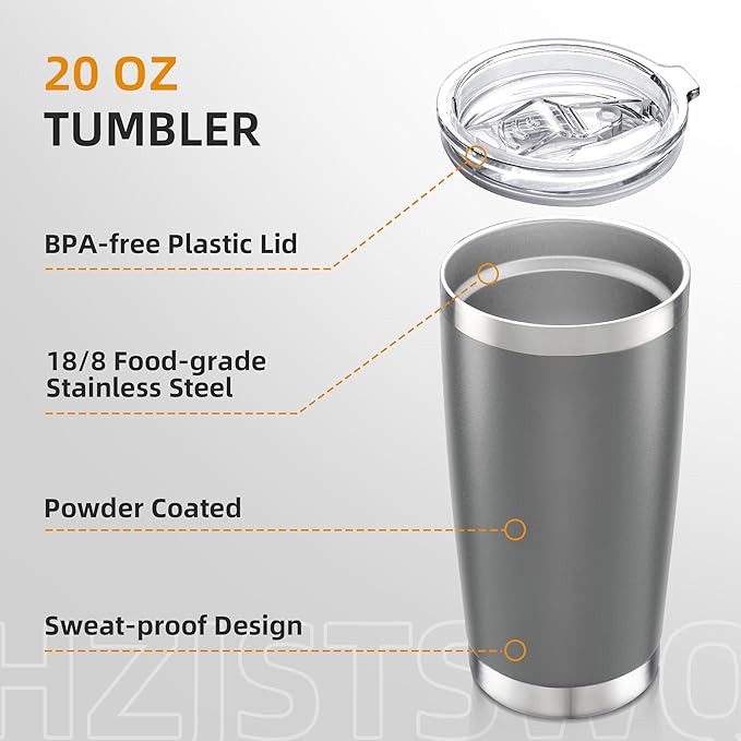 20 oz Tumbler Bulk with Lid Stainless Steel Insulated Tumblers Double Wall Vacuum Coffee Mug Powder Coated Tumbler Cups for Cold and Hot Drinks, Grey, 12 pack