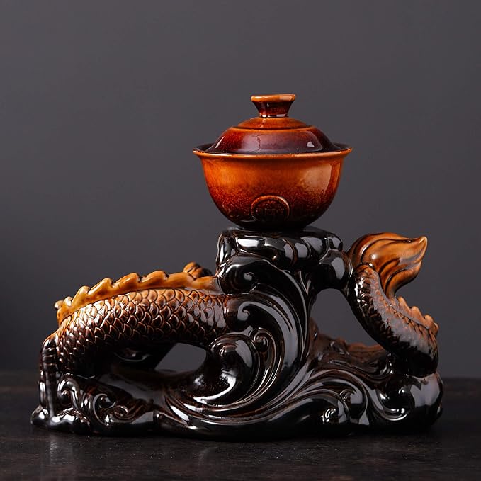 Semi Automatic Tea Set Ceramic Teapot with Infuser Magic Teapot with 8 cups (Yellow Dragon-D) - Bloomnest