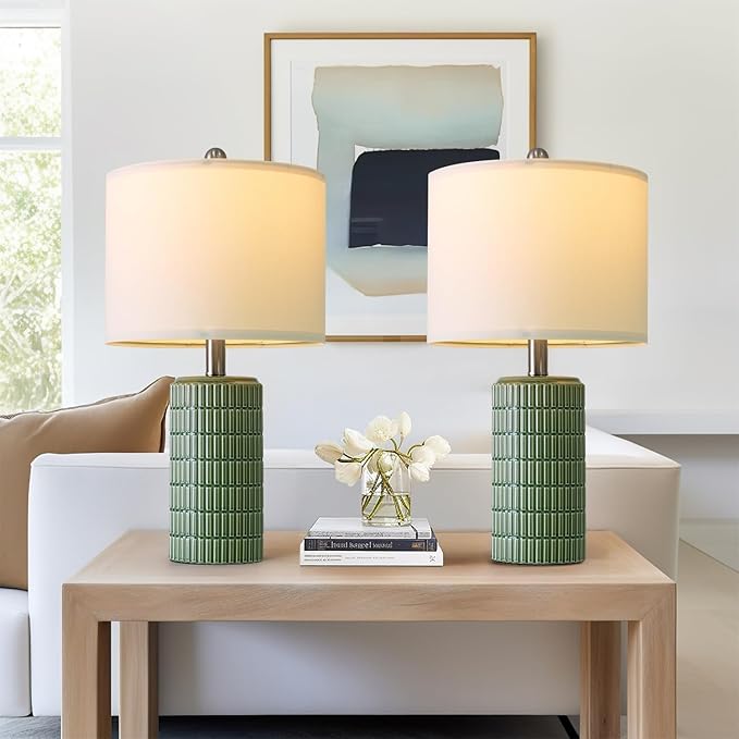 PoKat 20.75" Small Modern Ceramic Table Lamps Set of 2 for Bedroom, Green Bedside Lamps for Night Stands, Farmhouse House Decor Nightstand Table Lamps for Living Room End Table Green - Bloomnest