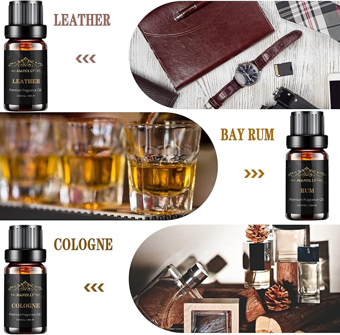 Essential Oils Set, Men Scents Fragrance Oil Aromatherapy Essential Oils Kit for Diffuser (6x10ML) - Sandalwood, Cedar, Leather, Sweet Tobacco, Rum, Cologne Aromatherapy Oils Gift for Men - Bloomnest