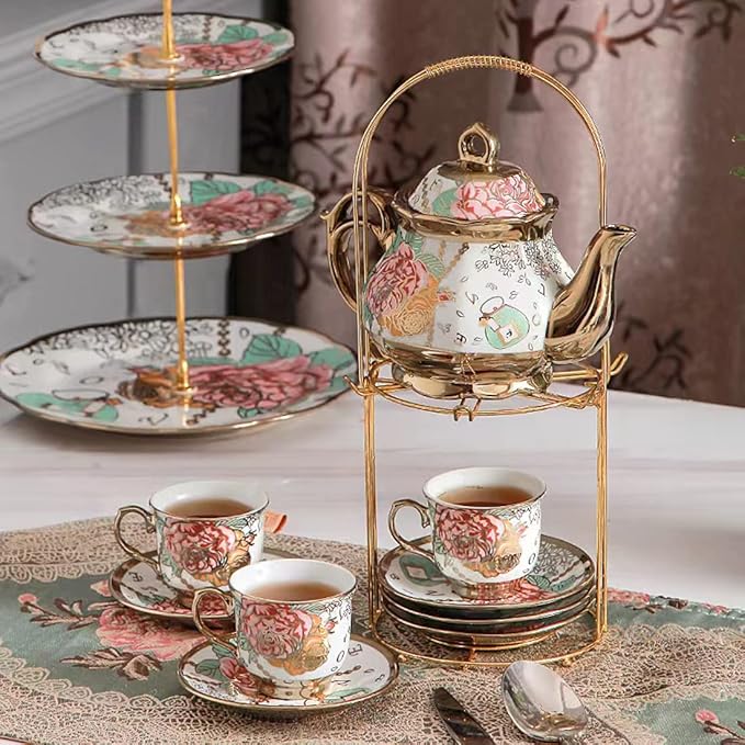 CHANJOON tea sets Gold Plated Red Rose Ceramic Tea Set, Vintage Teapot Tea Sets Beautiful Tea Set Coffee Serving 6 People (Golden, Medium) - Bloomnest