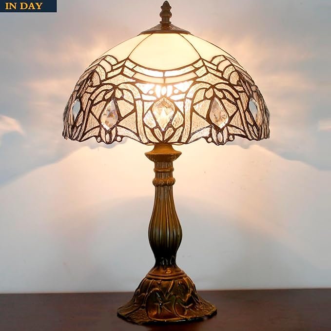 WERFACTORY Tiffany Lamp White Bent Stained Glass Bedside Table Lamp Desk Reading Light 12X12X18 Inches Decor Bedroom Living Room Home Office S508W Series - Bloomnest
