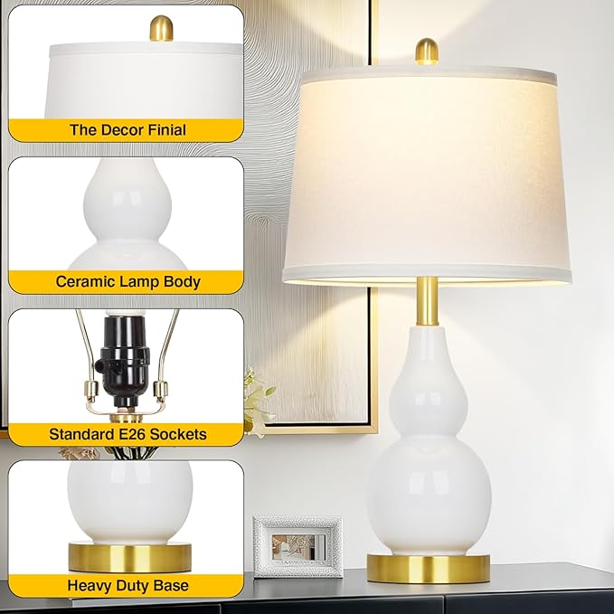 Ceramic Table Lamp for Living Room, 25" Modern Double Gourd Ceramic Lamp for Bedroom White Farmhouse Rustic Classic Bedside Lamp with Round Fabric Shade for Night stand Desk End Tables(Bulb Included) - Bloomnest
