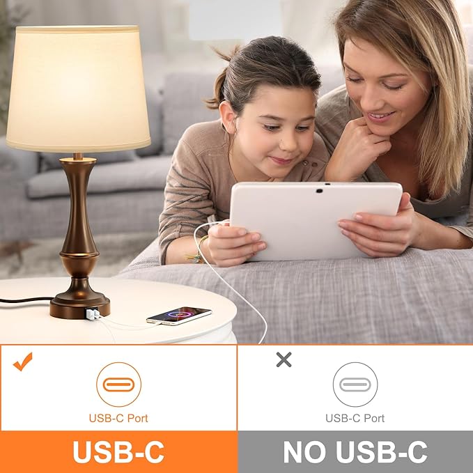 Seealle Upgraded Touch Lamps for Night Stands Set of 2 - Bedside Lamps with USB C+A, 3 Way Dimmable for Bedroom Living Room End Tables Office (White&Brown) - Bloomnest