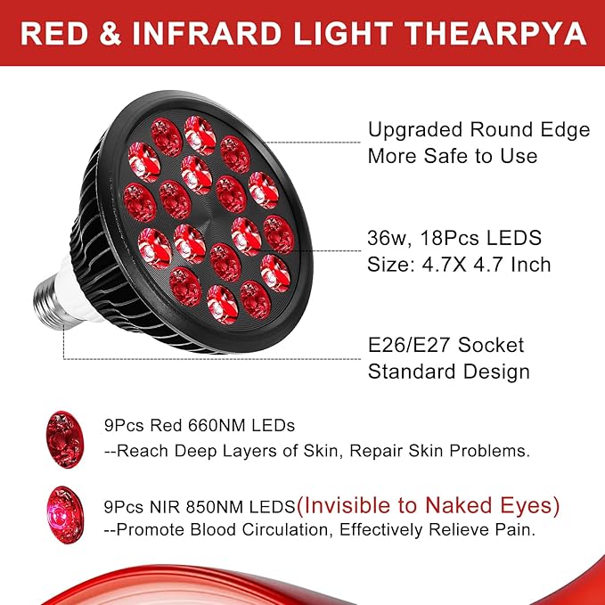 Red Light Therapy Bulb, 18 LEDs Red Light Therapy Lamp for Body and Face with 660nm Red and 850nm Infrared Light Therapy Device for Skin Care Pain Relief Suitable E26 Socket-Only Bulb - Bloomnest