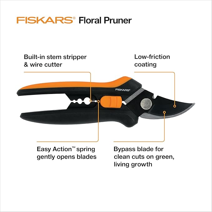 Fiskars Floral Pruning Shears - Plant Cutting Scissors/Garden Clippers For Deadheading and Working with Flowers - Black/Orange - Bloomnest
