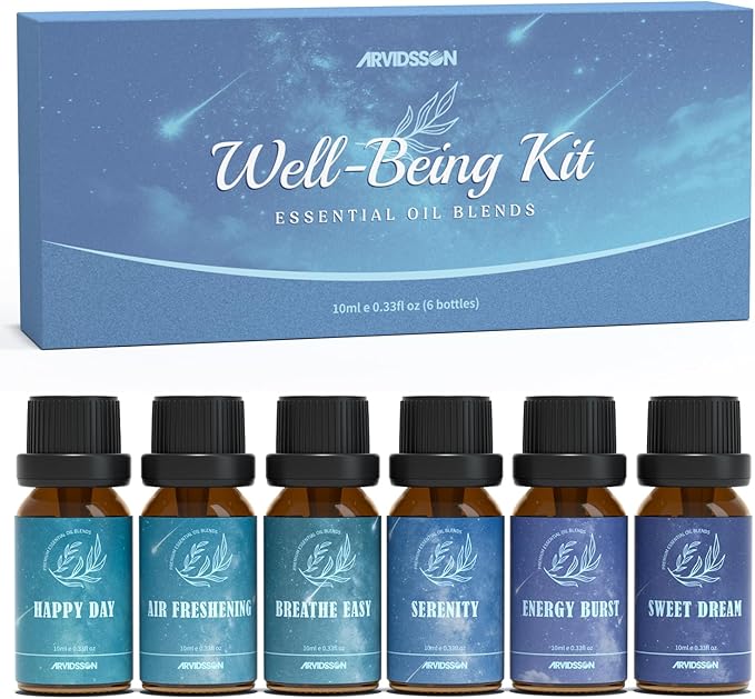 ARVIDSSON Essential Oil Blends Set, Well-Being Blend Gift Set - Sweet Dreams, Happy, Serenity, Breathe, Energy, Air Freshening, Natural Essential Oils for Diffusers, Candle Making ARVIDSSON