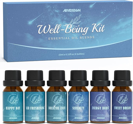 ARVIDSSON Essential Oil Blends Set, Well-Being Blend Gift Set - Sweet Dreams, Happy, Serenity, Breathe, Energy, Air Freshening, Natural Essential Oils for Diffusers, Candle Making ARVIDSSON