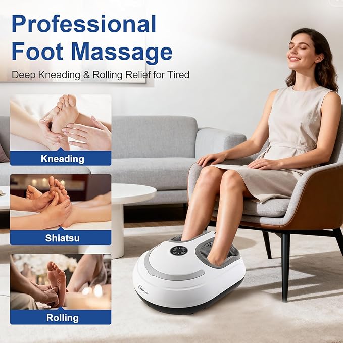 Foot Massager with Heat Shiatsu Feet Massage Machine Deep Kneading Relief for Plantar Fasciitis Air Compression 3 Heat Levels, Relax for Home Office Use, Christmas Gifts for Women Mom Dad White - Bloomnest