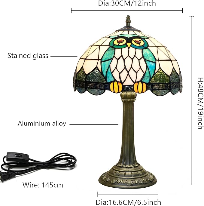 Tiffany Lamp Owl Animal Style Stained Glass Table Lamp Vintage Bedroom Bedside Light for Home Dorm Office Art Craft Antique Decor Accent Aesthetic Nightstand Reading Light 12x12x19 Inches - Bloomnest
