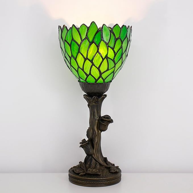 Small Tiffany Lamp Mini Stained Glass Table Lamp Green Wisteria Accent Desk Uplight W6 H13.5 Inch Bronze Resin Base - Bloomnest