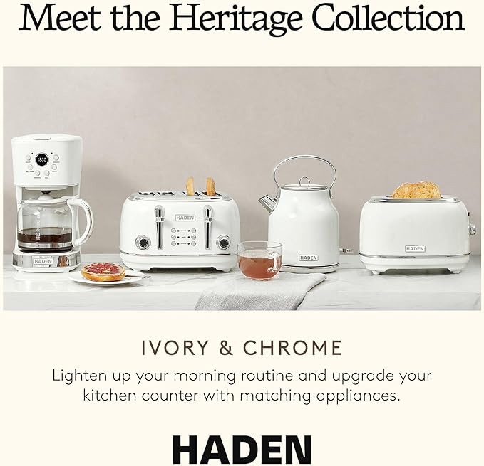 Haden Heritage 1.7 Liter Stainless Steel Electric Kettle, Hot Water Kettle with 360-Degree Base and Auto Shutoff, Ivory & Chrome - Bloomnest
