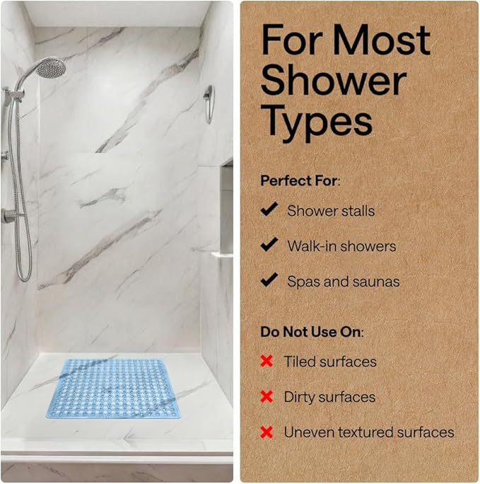 GORILLA GRIP Patented Square Shower Stall Mat, Small Bathtub Floor Mats for Stand Up Showers with Suction Cups and Drainage Holes, Machine Washable, Soft on Feet, Bathroom Accessories 21x21 Inch, Blue - Bloomnest