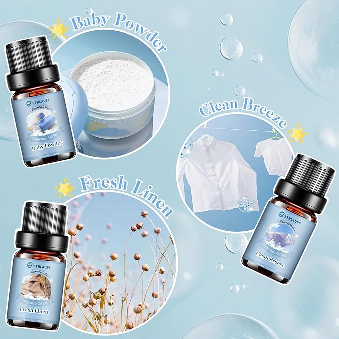 Clean Essential Oils Set, Laundry Collection Essential Oils Set, Pack of 6 Fragrance Oil for Diffuser for Home, Use with Wool Dryer Balls Scents - Fresh Linen, Clean Breeze, Eucalyptus and Cotton - Bloomnest