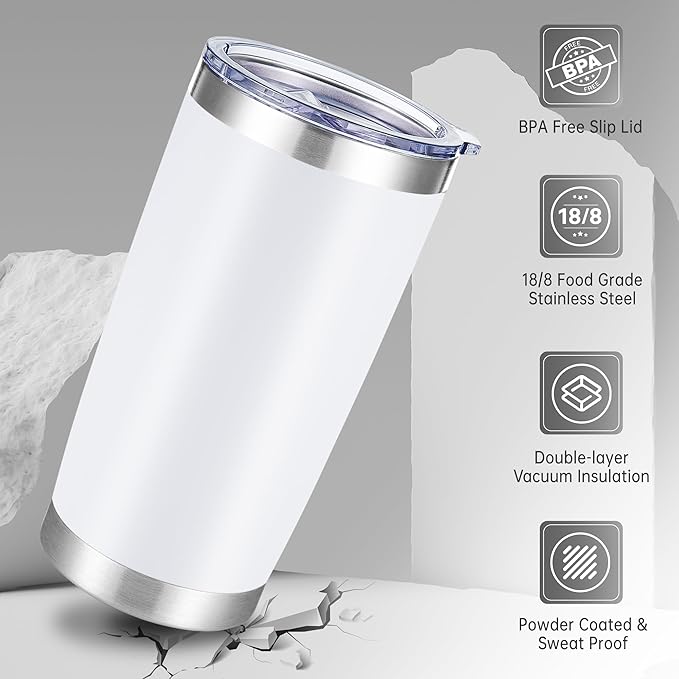 20 oz Tumblers Bulk Stainless Steel Tumbler with Lid Double Wall Vacuum Insulated Coffee Mug 20oz Powder Coated Cup for Hot and Cold Drinks, White, 12 pack - Bloomnest