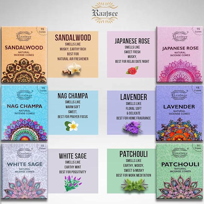 Raajsee Natural Incense Cones,6 Pack Mixed Scents Gift Pack 15 pc Each (90 Total), Insense Cones Variety Pack, 100% Organic Non Toxic Natural - Hand Rolled Free from Chemicals (Pack 1) RAAJSEE