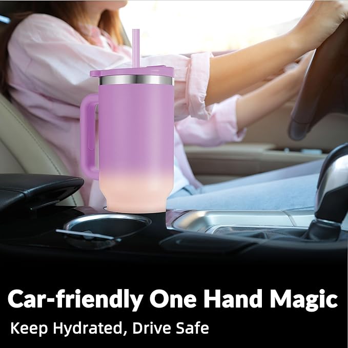 WETOWETO 40oz Tumbler with Handle | Insulated Stainless Steel Travel Mug | 34Hrs Cold & 10Hrs Hot Retention | 100% Leakproof Lid & Straw | Dishwasher Safe + Car Cup Holder Fit (Purple-Pink Gradient) - Bloomnest