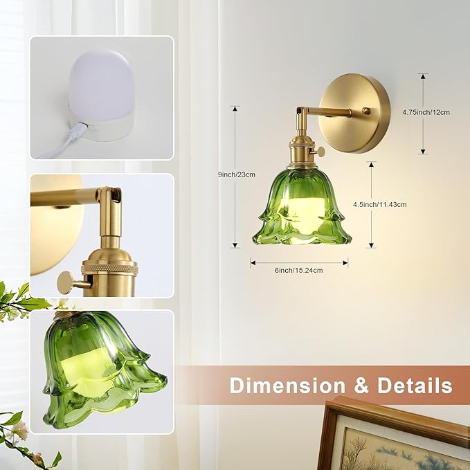 2 Pack Vintage Battery Operated Wall Sconces, Rose Green Lampshade & 180 Degree Adjustable, Wireless Rechargeable RGB Wall Light with Remote Control, for Bedroom Living Room Hallway Aisle - Bloomnest