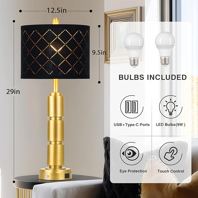 Set of 2 Modern Table Lamps for Living Room Bedroom,29" Tall Bedside Lamp with 2 USB Port,Gold Metal Touch Nightstand Lamp with Black Grid Shade for End Table Entryway,Gold - Bloomnest