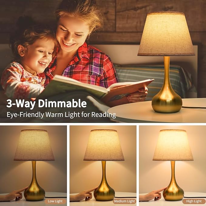 ONEWISH Touch Table Lamp for Bedroom, 3-Way Dimmable Gold Bedside Lamps for Nightstand with Fabric Shade, Desk Lamp for Kids Reading, Home Office - Bloomnest