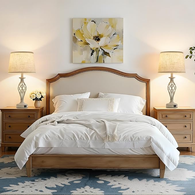 Table Lamp for Bedroom Set of 2 - Light Grey Bedside Lamps with USB C+A Ports,Rustic Distressed Farmhouse Bedroom Lamp - Lamp for Living Room Reading Bed Side End Table Bulbs Included - Bloomnest
