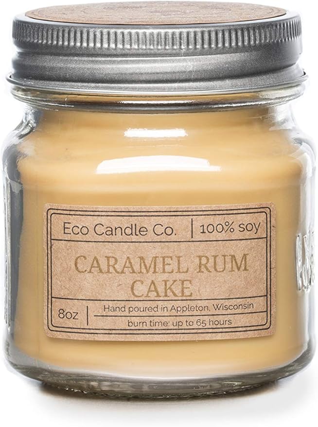 ECO CANDLE CO. Mason Jar Candle, Caramel Rum Cake, 8 oz. - Scents of Caramel, Rum, Maple, Almond, Pear, & Vanilla - 100% Soy Wax, No Lead, Kraft Label & Antiqued Pewter Lid, Hand Made - Bloomnest