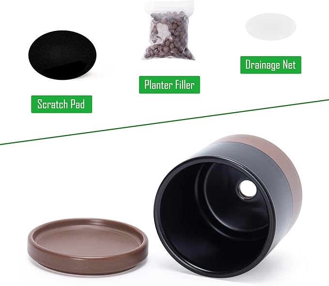 D'vine Dev Set of 2 Plants Pots, 3.5 Inch Ceramic Planter Pot for Plants with Drainage Hole and Saucer, Black/Speckled Tan, 94-V-A-7 - Bloomnest