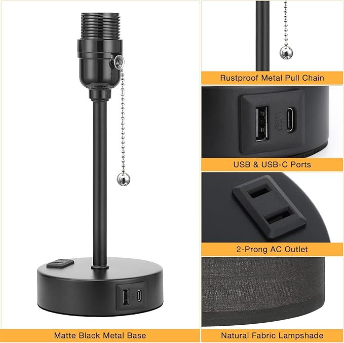 Dicoool Black Bedroom Lamp 3 Color Temperatures - Small Bedside Lamps with USB C and A Ports, Pull Chain Table Lamps with AC Outlet, Black Nightstand Light for Kids Sleeping - Bloomnest