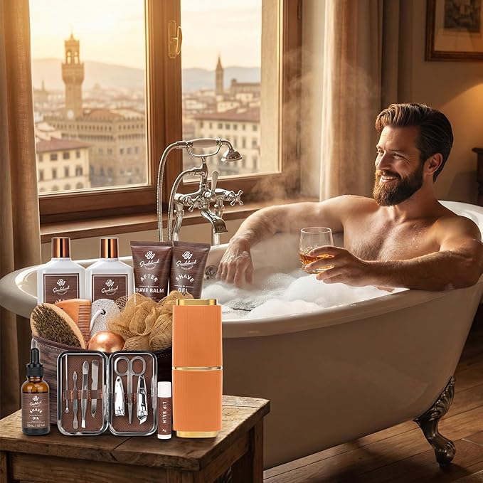 Valentines Day Gifts for Men, 21 Pcs Sandalwood Bath & Body Care Kit, Beard Gift Set for Men, Shave Beard Kit, Leather Bag, Home Spa Kit, Relaxing Men's Gift Basket, Birthday, Father's Day Gift - Bloomnest