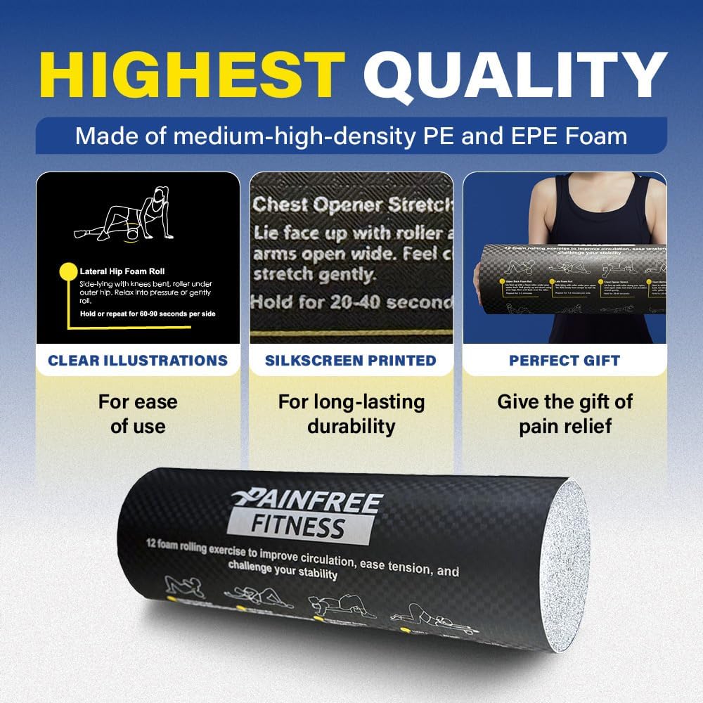 Fitness Foam Roller with Printed Exercises - 17''x 6'' Lightweight EPE/PE Exercise Roller Foam - Includes 12 Guided Stability, Mobility & Recovery Moves - Dual Color Instructional Design