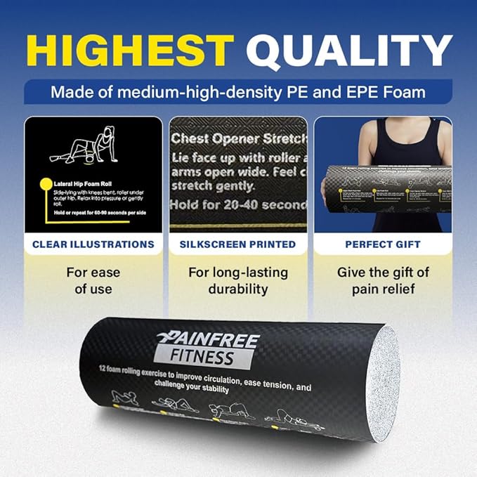 Fitness Foam Roller with Printed Exercises - 17''x 6'' Lightweight EPE/PE Exercise Roller Foam - Includes 12 Guided Stability, Mobility & Recovery Moves - Dual Color Instructional Design - Bloomnest