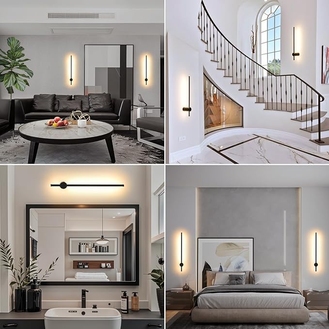 LED Wireless Wall Sconce with Remote Control, Dimmable/350° Rotate/Timing/USB Rechargeable Battery Powered Indoor Wall Lamps, 23.6 inch Black Wall Lights Set of Two for Hallway, Living Room, Bedroom - Bloomnest