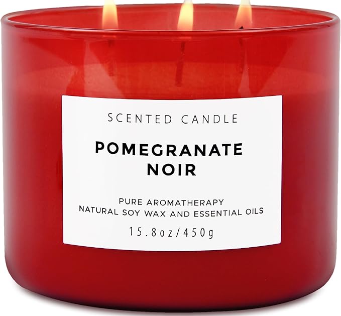 Pomegranate Noir Vanilla 3 Wick Candle | Highly Scented Natural Soy Candle 15.8 oz | Aromatherapy Stress Relief Candle Long Lasting & Clean Burn | Luxury Relaxing Gift for Home, Women & Men - Bloomnest