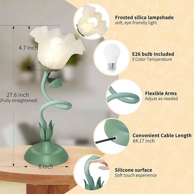 Cute Flower Desk Lamp, 3 Color Temperature Table Lamp with LED Bulb, Vintage Bedside Lamps, Reading Lamps with Soft Light for Bedroom, Living Room - Bloomnest